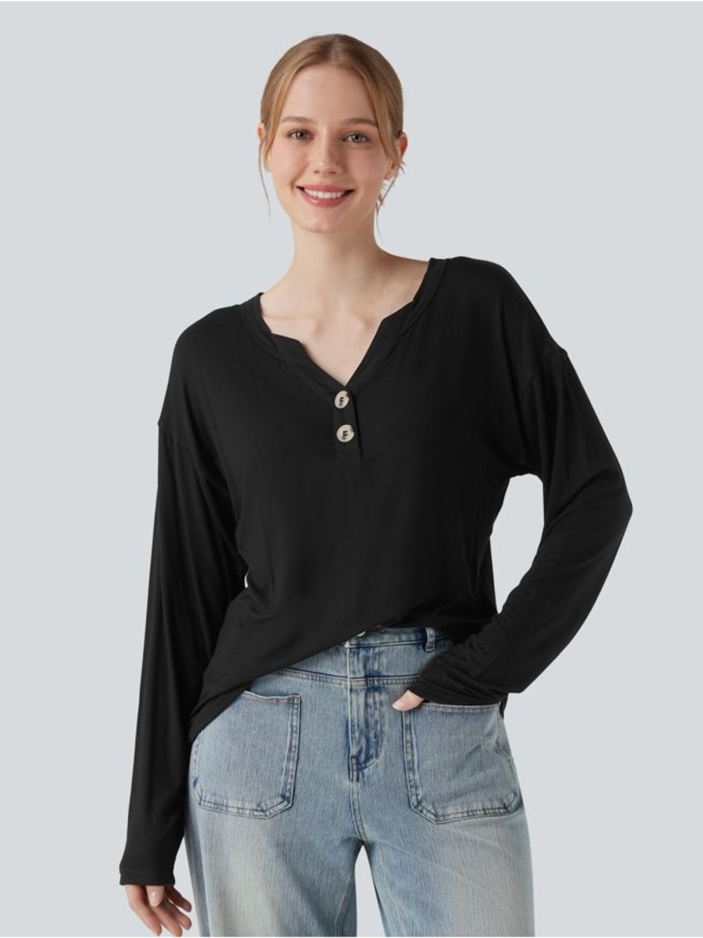 🆕 HALARA Henley Neck Long Sleeve Casual T-Shirt in Black
